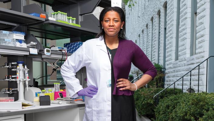 Photograph of Brittany Jenkins-Lord. Half of her body is in a lab wearing a lab coat, the other half is in a dress standing outside on a street.