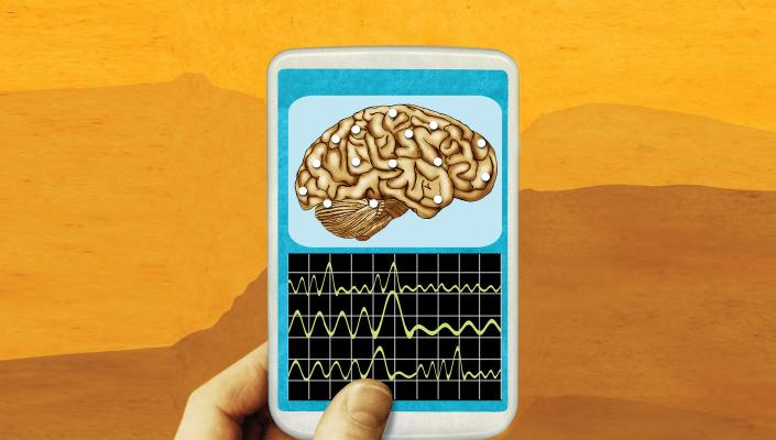 illustration of a mobile phone with a brain on which electrodes are placed; beneath, a series of waves reflects brain activity