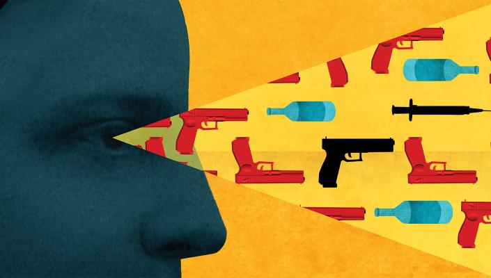 illustration of face in silhouette; the field of vision is portrayed as a beam, which is filled with guns, syringes, and bottles