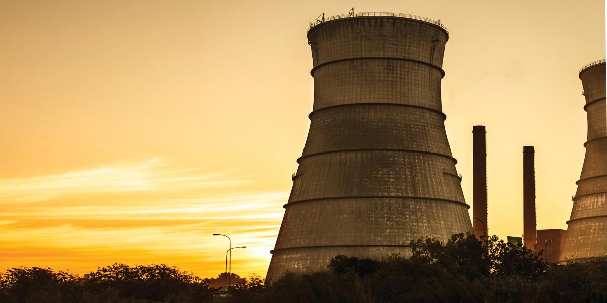 a nuclear reactor at sunset