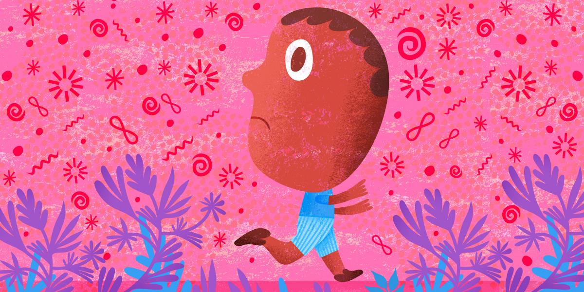 Illustration of young boy running from viruses and bacteria