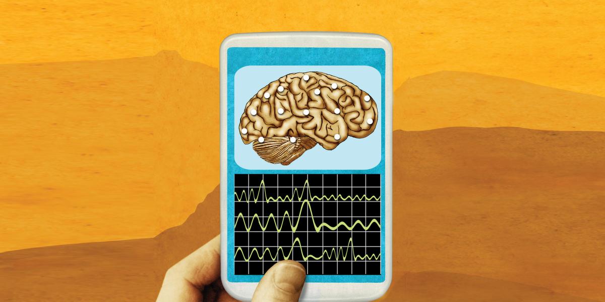 illustration of a mobile phone with a brain on which electrodes are placed; beneath, a series of waves reflects brain activity