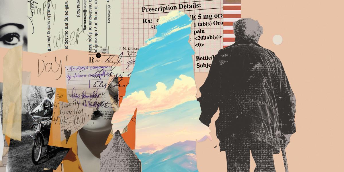 Photocollage representing the chaos caregiving for an older relative comprises prescriptions, medical visit instructions, handwritten notes, and old photos.