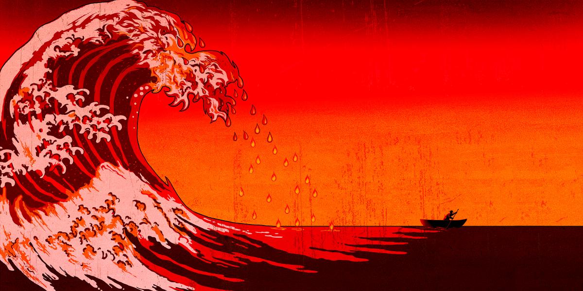 a red wave curls over a man rowing a rowboat