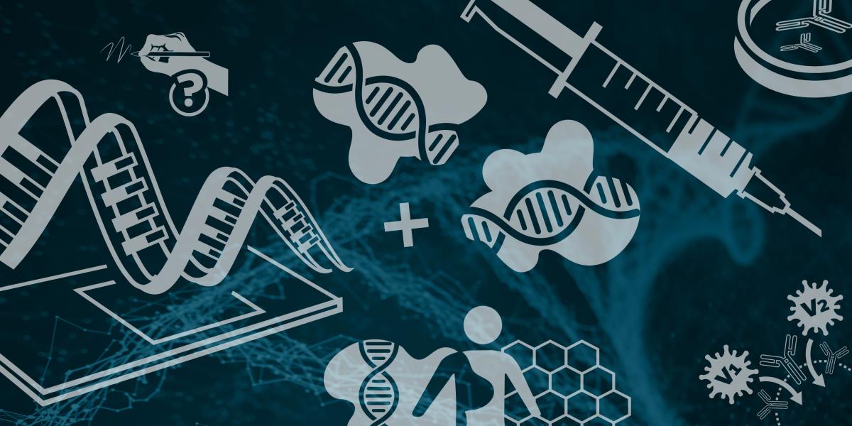 illustration of mRNA, DNA, and syringes