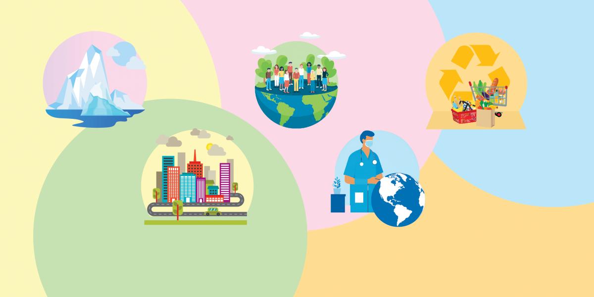 A series of colored circles and graphics, including an iceberg, a city with roads, a doctor looking a globe, a group of people standing on the earth, and a recycling symbol with a food bag in front of it.