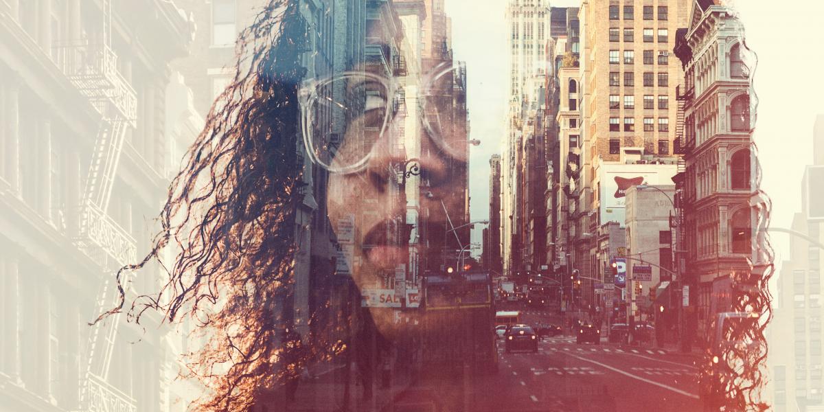 Person of color superimposed over a city streetscape.