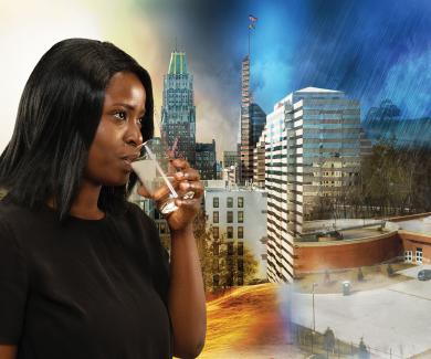 Woman drinking tap-water in front of rendered city-scape illustrating the effects of drought and deluges