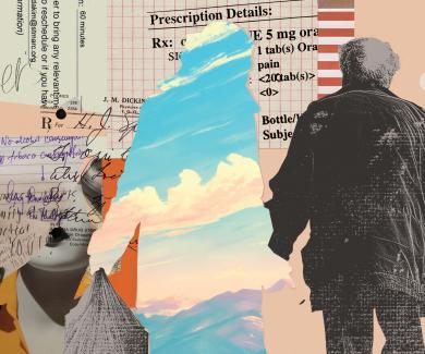 Photocollage representing the chaos caregiving for an older relative comprises prescriptions, medical visit instructions, handwritten notes, and old photos.