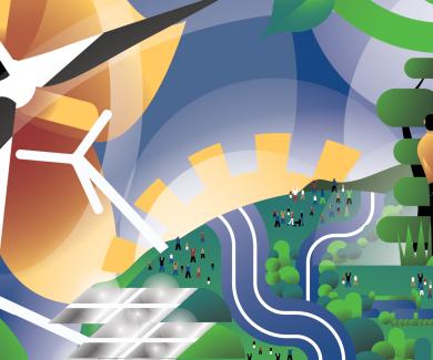 An illustration depicting a landscape with solar panels, wind turbines, a river, people, and trees, emphasizing renewable energy and nature.