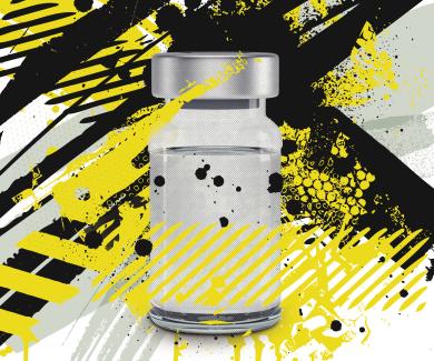 illustration of a glass drug vial with yellow and black paint streaks